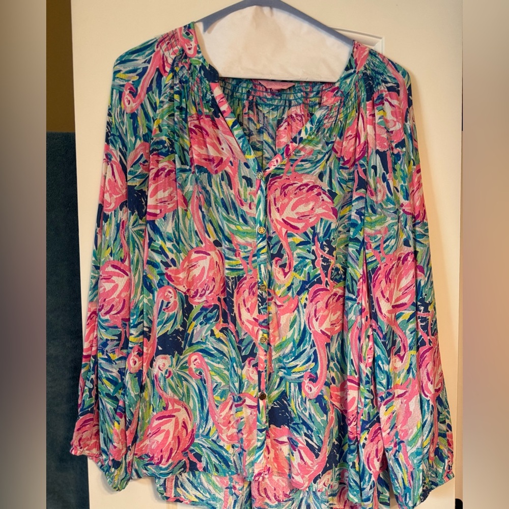 Lilly Pulitzer-Large- Blue and Pink Buttoned Blouse- flamingos